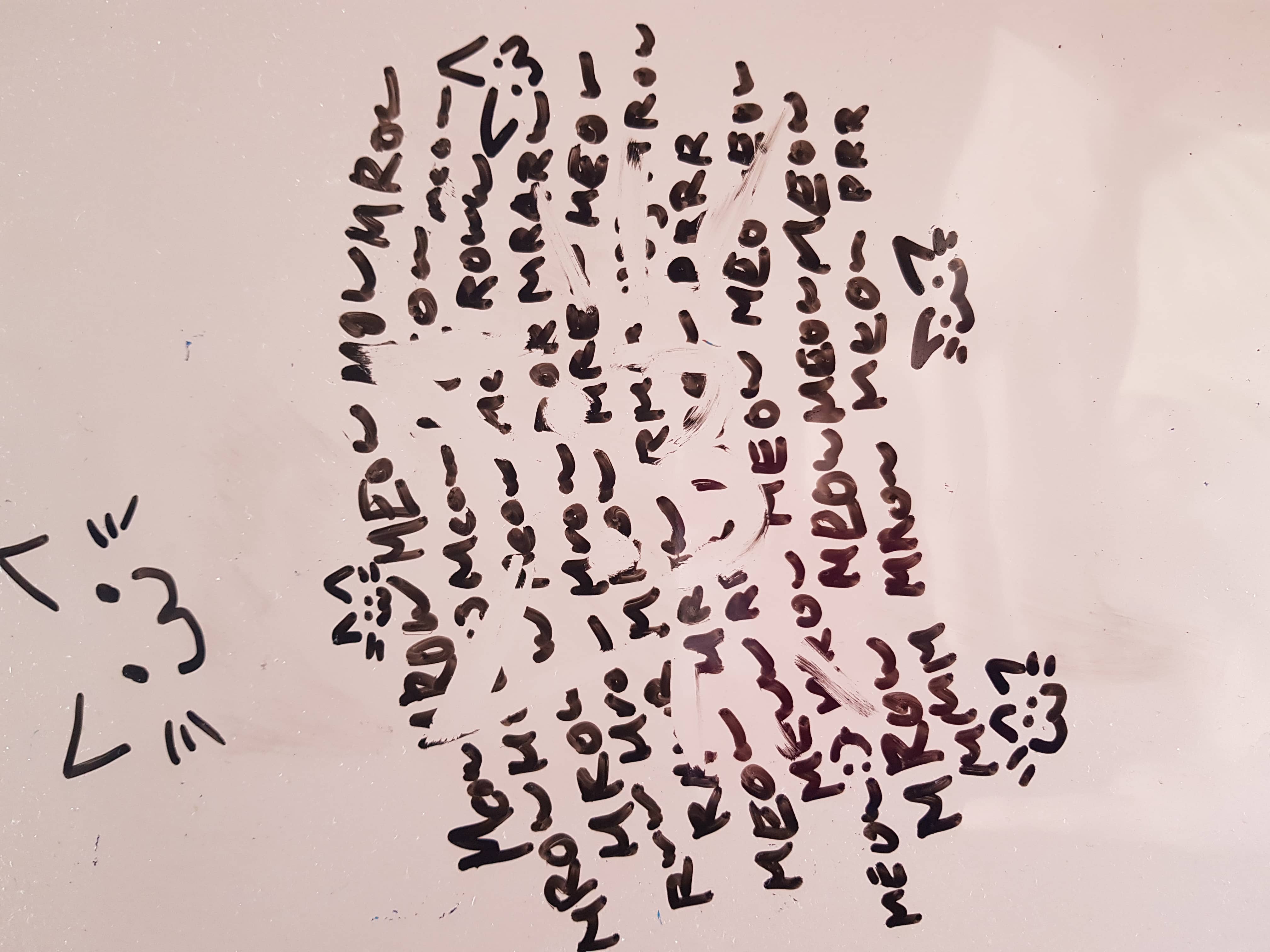 image of a alot of the word meow on a whiteboard, with a cat face rubbed out into the words negative space